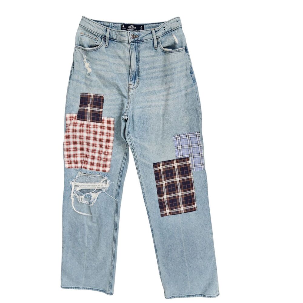 Hollister Ultra High-Rise Dad Jeans 29-Plaid Patchwork-Distressed-Grunge-Skater